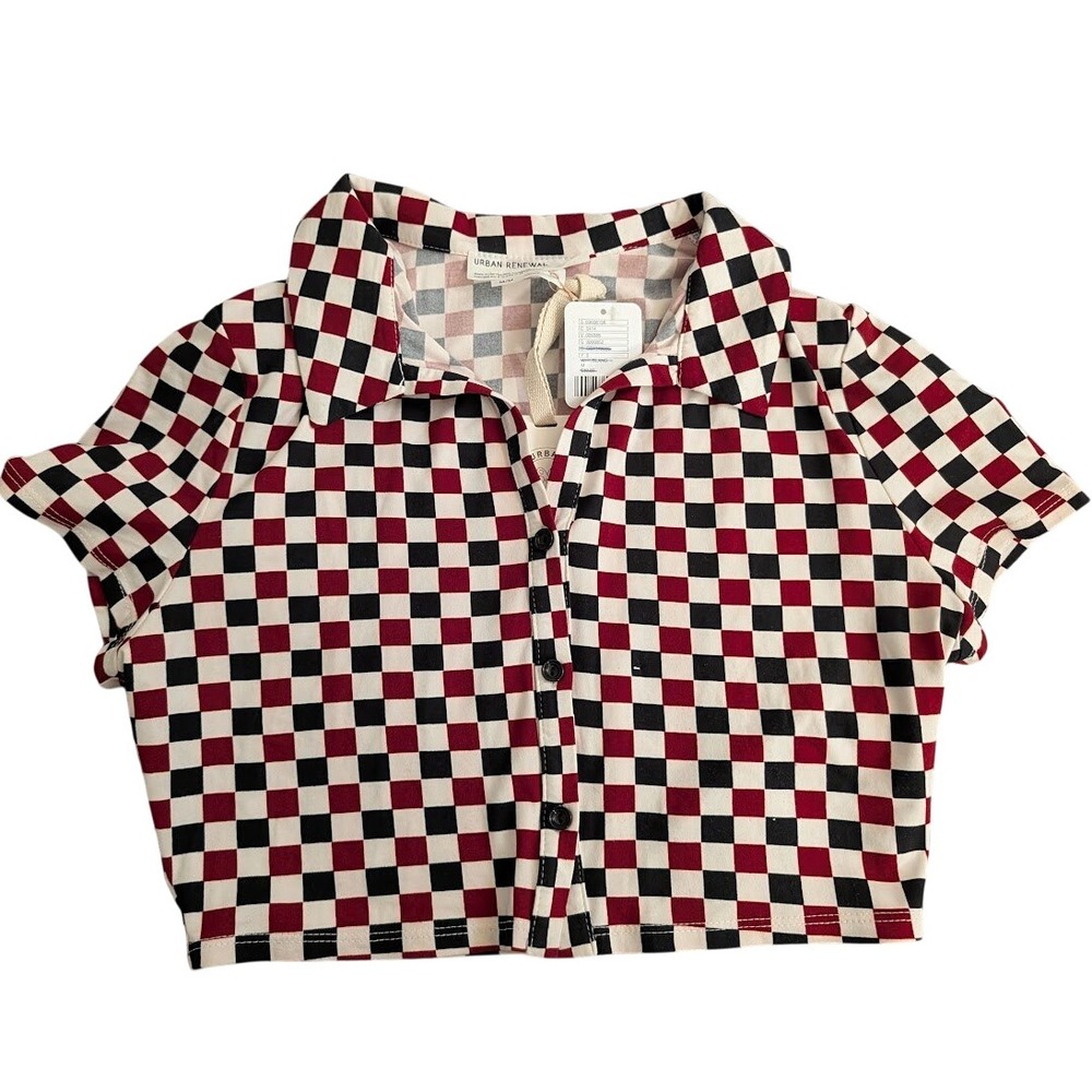 Urban Renewal Checkerboard Crop Button Down Shirt Red‎ Black White M New